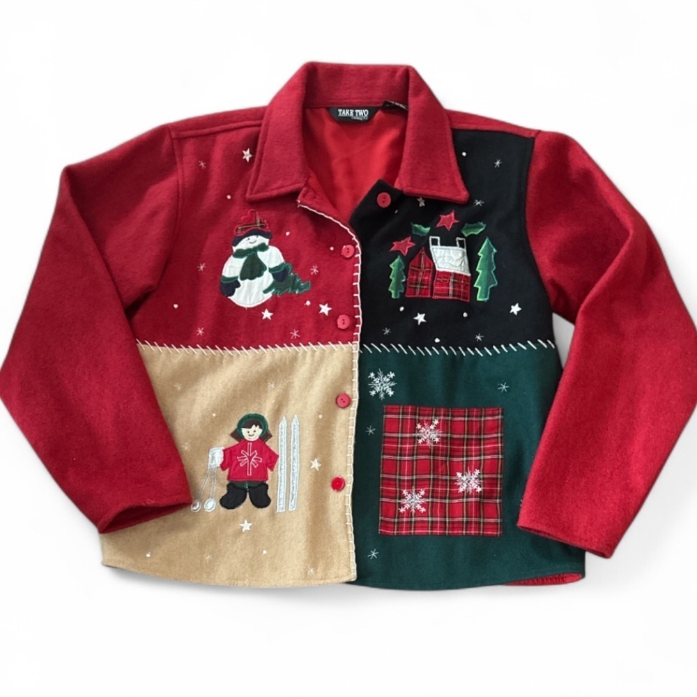 Vintage Take Two Clothing Co Patchwork Wool Blend Winter / Christmas Jacket L - Picture 6 of 11